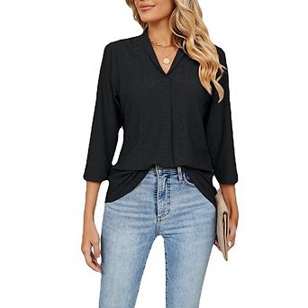 Womens Hollow Out Blouses Long Sleeve V Neck Dressy Casual Business Fall Summer Tops T-Shirts