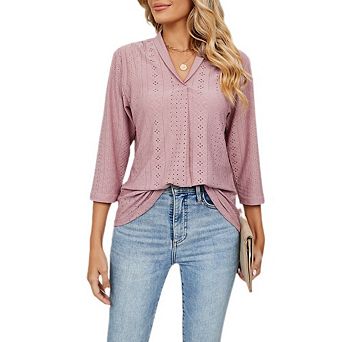 Womens Hollow Out Blouses Long Sleeve V Neck Dressy Casual Business Fall Summer Tops T-Shirts