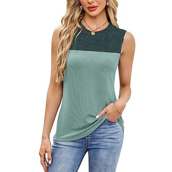 Women's Color Block Tank Top Crew Neck Ribbed Summer Sleeveless Shirts Fashion Blouses Trendy Tops