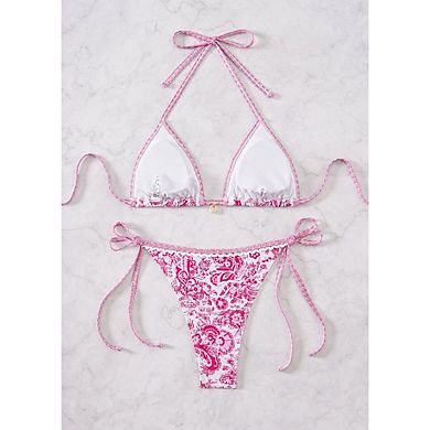 Women's 2 Piece Boho Swimsuits Floral Print Halter String Triangle Bikini Set Beach Bathing Suit
