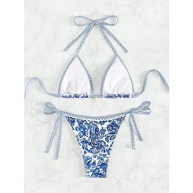 Women's 2 Piece Boho Swimsuits Floral Print Halter String Triangle Bikini Set Beach Bathing Suit