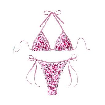Women's 2 pc Boho Swimsuits Floral Print Halter String Triangle Bikini Set Beach Bathing Suit