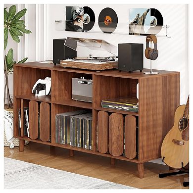 Record Player Stand with Charging Station and Vinyl Storage