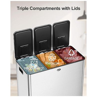 Triple Compartment Stainless Steel Kitchen Trash Can Soft-Close Lid Fingerprint Resistant
