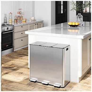 Triple Compartment Stainless Steel Kitchen Trash Can Soft-Close Lid Fingerprint Resistant