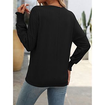 Women's Fashion Long Sleeve V-neck T-shirt Cute Formal Shirt Solid Color Bat Sleeve T-shirt Top