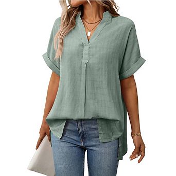 Women Short Sleeve Henley Top V Neck Dressy Business Casual Work Blouses Vacation Fashion Shirts