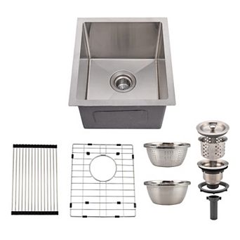 15" Undermount Single Bowl Kitchen Sink, 16-Gauge Stainless Steel, 10" Deep w/Accessories