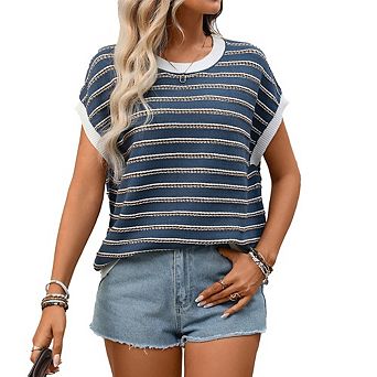 Short Sleeve Sweaters for Women Summer Casual Strip Tops Lightweight Hollow Out Knit Sweater Vest