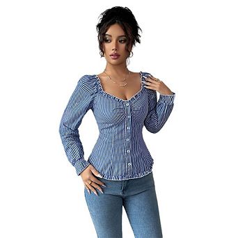 Women's Summer Striped Blouse Cute Button Down Long Sleeve Going Out T Shirts Tops