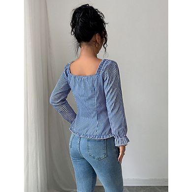Women's Summer Striped Blouse Cute Button Down Long Sleeve Going Out T Shirts Tops