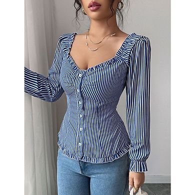 Women's Summer Striped Blouse Cute Button Down Long Sleeve Going Out T Shirts Tops