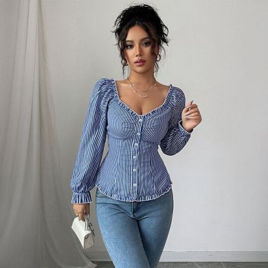 Women's Summer Striped Blouse Cute Button Down Long Sleeve Going Out T Shirts Tops