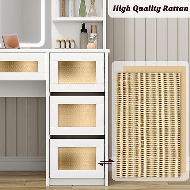 ANIXOL Boho Rattan Lighted Vanity Desk with Stool & LED Mirror