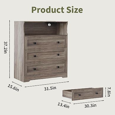 ANIXOL 3-Drawer Wood Dresser with Charging