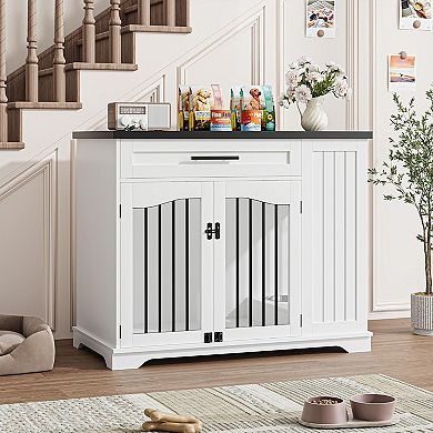 Furniture Style Dog Crate with Drawer and Feeding Station