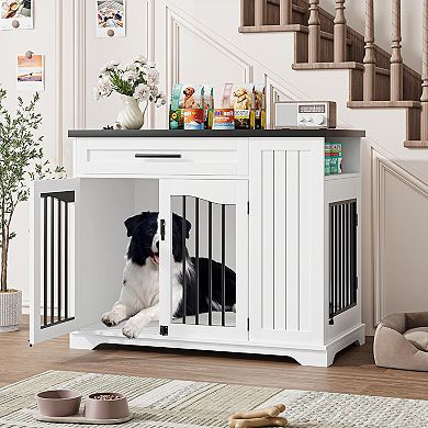 Furniture Style Dog Crate with Drawer and Feeding Station