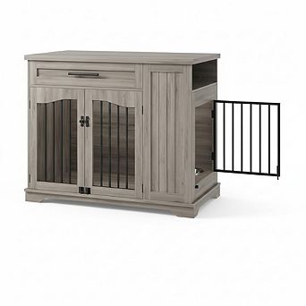 Furniture Style Dog Crate with Drawer and Feeding Station