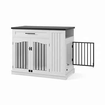 Furniture Style Dog Crate with Drawer and Feeding Station