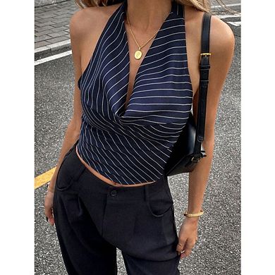 Women's Striped Halter Tops Tie Backless Open Back Draped Front Crop Tank Top