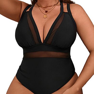 Women's Plus Size V Neck Sleeveless Mesh Panel High Cut Leg 1 Piece Swimsuit