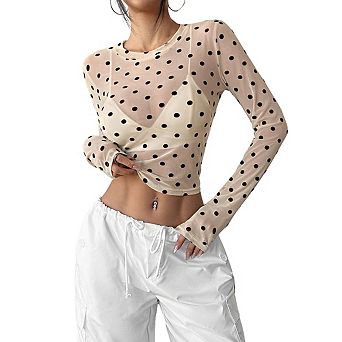 Women's Crew Neck Long Sleeve Sheer Mesh Polka Dot Print Fitted Crop Top