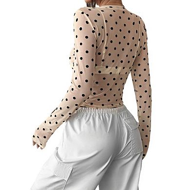 Women's Crew Neck Long Sleeve Sheer Mesh Polka Dot Print Fitted Crop Top