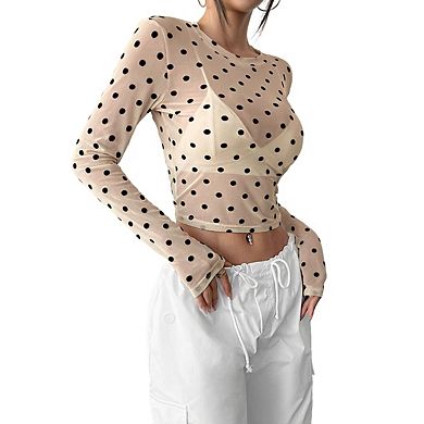 Women's Crew Neck Long Sleeve Sheer Mesh Polka Dot Print Fitted Crop Top