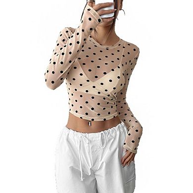 Women's Crew Neck Long Sleeve Sheer Mesh Polka Dot Print Fitted Crop Top