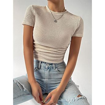 Womens Summer Tops Waffle Knit Short Sleeve T-Shirts Crewneck Casual Loose Basic Tee Blouses
