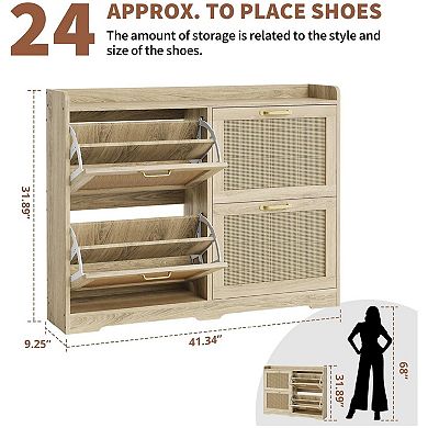 Rattan Shoe Cabinet with 4 Flip Drawers