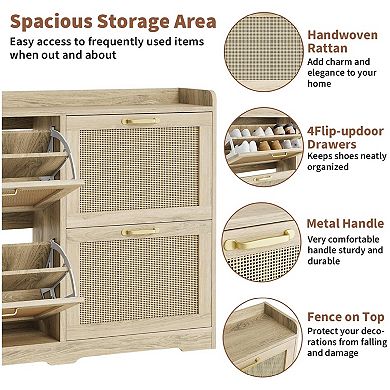 Rattan Shoe Cabinet with 4 Flip Drawers