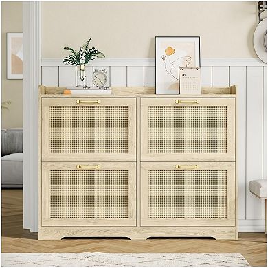 Rattan Shoe Cabinet with 4 Flip Drawers
