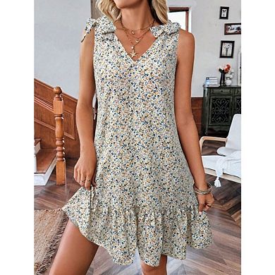 Women Beach Loose Casual A Line Sleeveless V-Neck Sundress