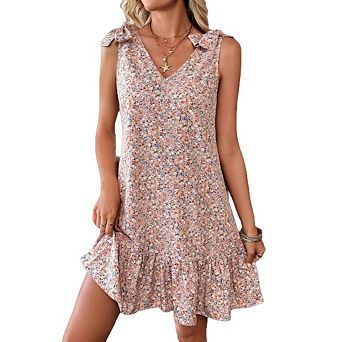 Women Beach Loose Casual A Line Sleeveless V-Neck Sundress