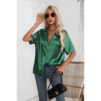 Women Silk Button Down Up Collared Shirts Short Sleeve V Neck Summer Tops Casual Work Satin Blouses