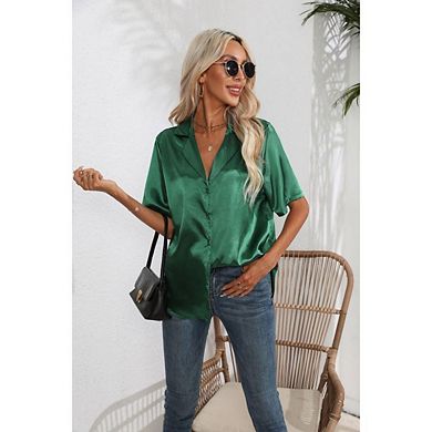 Women Silk Button Down Up Collared Shirts Short Sleeve V Neck Summer Tops Casual Work Satin Blouses