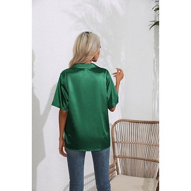 Women Silk Button Down Up Collared Shirts Short Sleeve V Neck Summer Tops Casual Work Satin Blouses