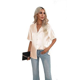 Women Silk Button Down Up Collared Shirts Short Sleeve V Neck Summer Tops Casual Work Satin Blouses