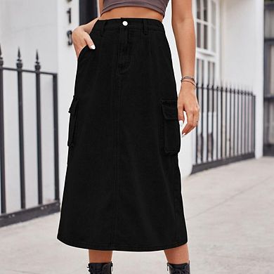 Women's Casual Elastic Waist Pockets Work Midi Denim A Line Skirt