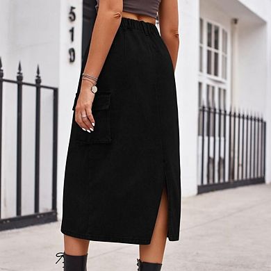 Women's Casual Elastic Waist Pockets Work Midi Denim A Line Skirt