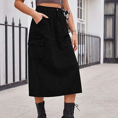 Women's Casual Elastic Waist Pockets Work Midi Denim A Line Skirt