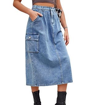 Women's Casual Elastic Waist Pockets Work Midi Denim A Line Skirt