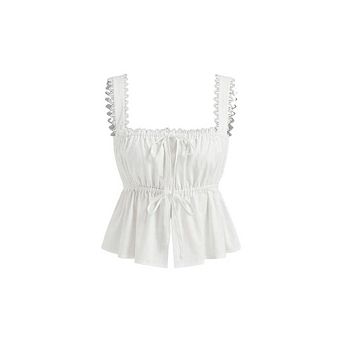 Women Cami Tank Top Square Neck Solid Color Pleated Top Bow Loose Fit Sleeveless Sun Beachwear