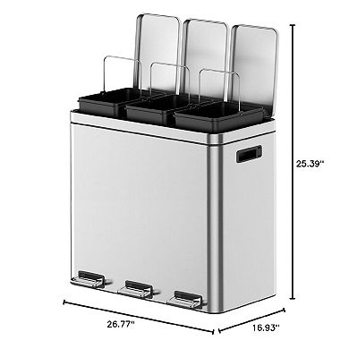 Three Compartment Trash Can - 60L/16 Gal Stainless Steel Kitchen Trash Can