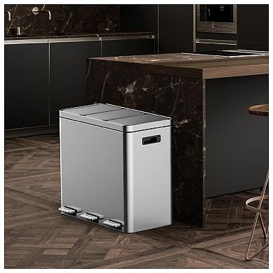 Three Compartment Trash Can - 60L/16 Gal Stainless Steel Kitchen Trash Can