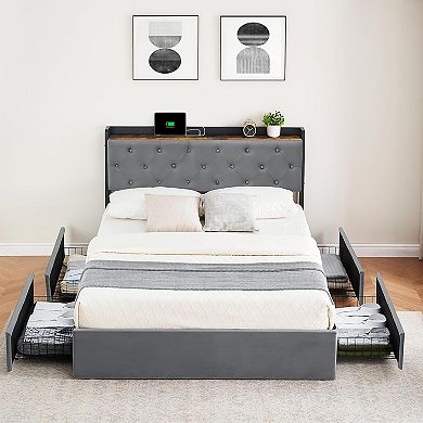 Upholstered Bed Frame with Charging Station & 4 Storage Drawers, Headboard, Wooden Slats