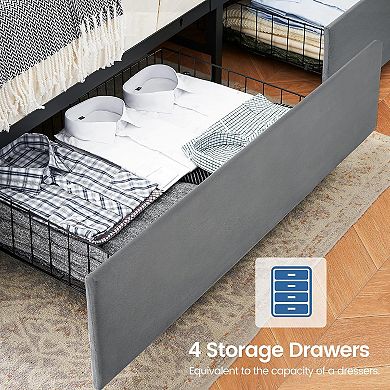 Upholstered Bed Frame with Charging Station & 4 Storage Drawers, Headboard, Wooden Slats