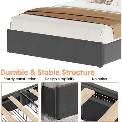 Upholstered Bed Frame with Charging Station & 4 Storage Drawers, Headboard, Wooden Slats