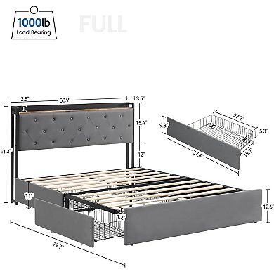 Upholstered Bed Frame with Charging Station & 4 Storage Drawers, Headboard, Wooden Slats